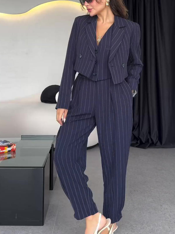 Damen Frühlings-Dreiteiliges Set mit Gestreifter Weste, Kurzblazer und Hochtaillierter Hose