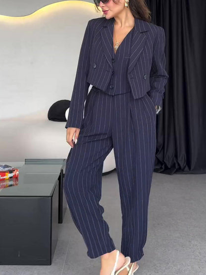 Damen Frühlings-Dreiteiliges Set mit Gestreifter Weste, Kurzblazer und Hochtaillierter Hose