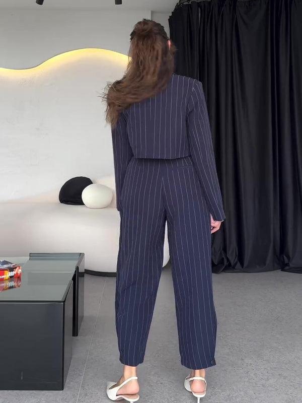 Damen Frühlings-Dreiteiliges Set mit Gestreifter Weste, Kurzblazer und Hochtaillierter Hose