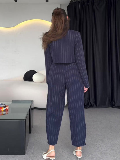 Damen Frühlings-Dreiteiliges Set mit Gestreifter Weste, Kurzblazer und Hochtaillierter Hose