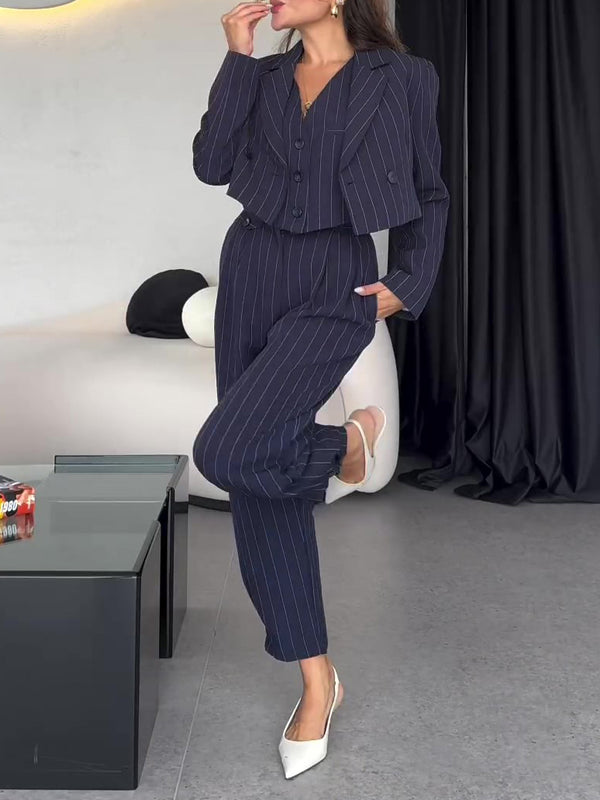 Damen Frühlings-Dreiteiliges Set mit Gestreifter Weste, Kurzblazer und Hochtaillierter Hose