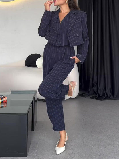 Damen Frühlings-Dreiteiliges Set mit Gestreifter Weste, Kurzblazer und Hochtaillierter Hose