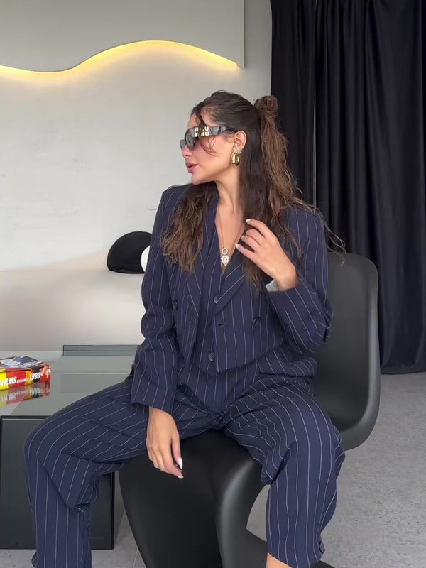 Damen Frühlings-Dreiteiliges Set mit Gestreifter Weste, Kurzblazer und Hochtaillierter Hose