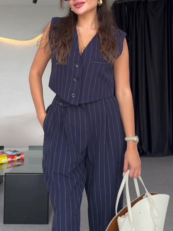 Damen Frühlings-Dreiteiliges Set mit Gestreifter Weste, Kurzblazer und Hochtaillierter Hose