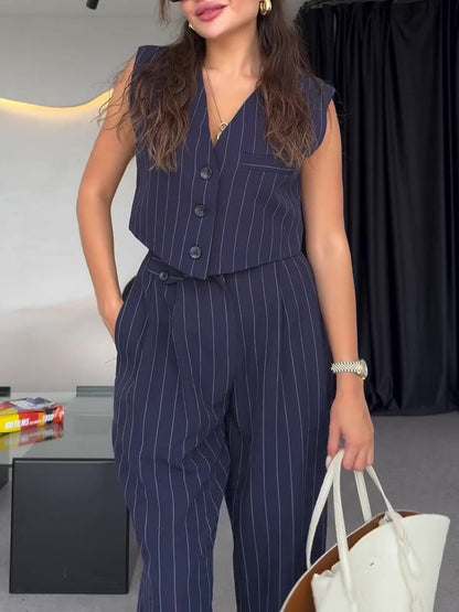 Damen Frühlings-Dreiteiliges Set mit Gestreifter Weste, Kurzblazer und Hochtaillierter Hose