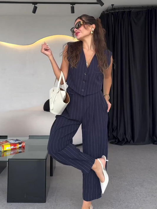 Damen Frühlings-Dreiteiliges Set mit Gestreifter Weste, Kurzblazer und Hochtaillierter Hose