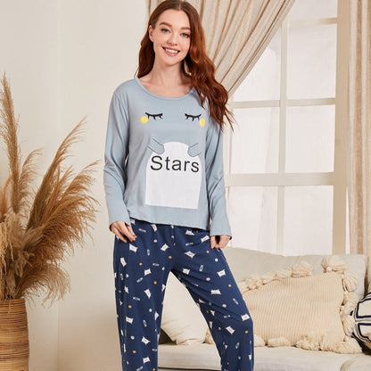 Damen Frühlings-Schlafanzug-Set mit Langarm-Rundhals-Top und Hose