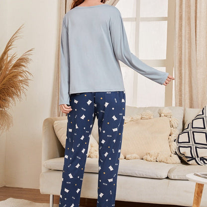 Damen Frühlings-Schlafanzug-Set mit Langarm-Rundhals-Top und Hose