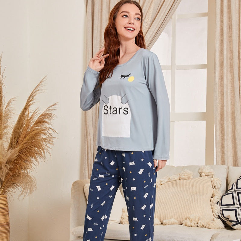 Damen Frühlings-Schlafanzug-Set mit Langarm-Rundhals-Top und Hose