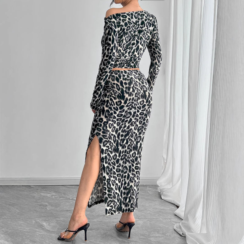 Damen Frühling Zweiteiler-Set mit Leopardenprint figurbetontem Maxikleid und Overlay-Detail