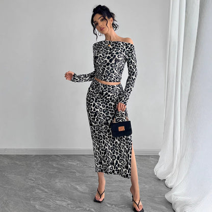 Damen Frühling Zweiteiler-Set mit Leopardenprint figurbetontem Maxikleid und Overlay-Detail
