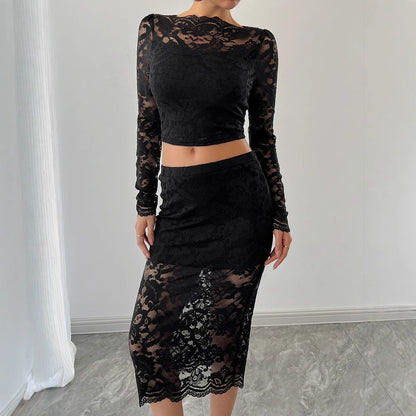 Damen Frühling Spitzen-Jacquard Rockanzug mit halbtransparentem geometrischem Muster