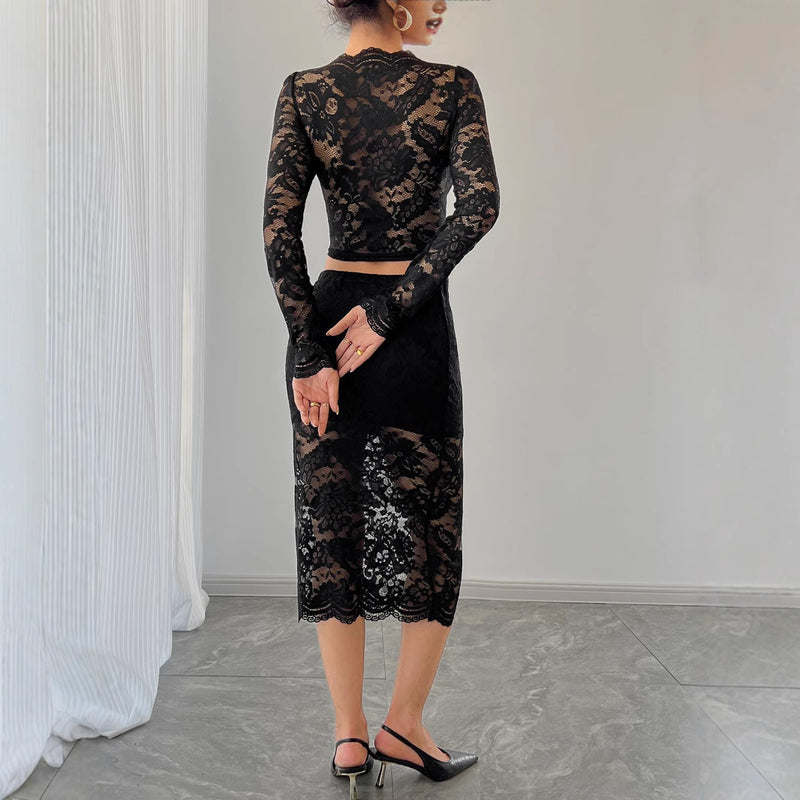 Damen Frühling Spitzen-Jacquard Rockanzug mit halbtransparentem geometrischem Muster