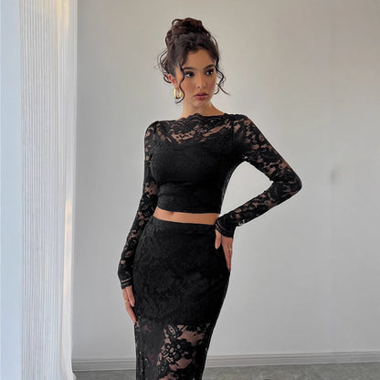Damen Frühling Spitzen-Jacquard Rockanzug mit halbtransparentem geometrischem Muster