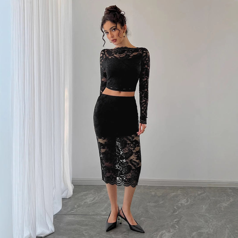 Damen Frühling Spitzen-Jacquard Rockanzug mit halbtransparentem geometrischem Muster