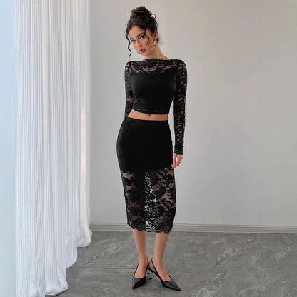 Damen Frühling Spitzen-Jacquard Rockanzug mit halbtransparentem geometrischem Muster
