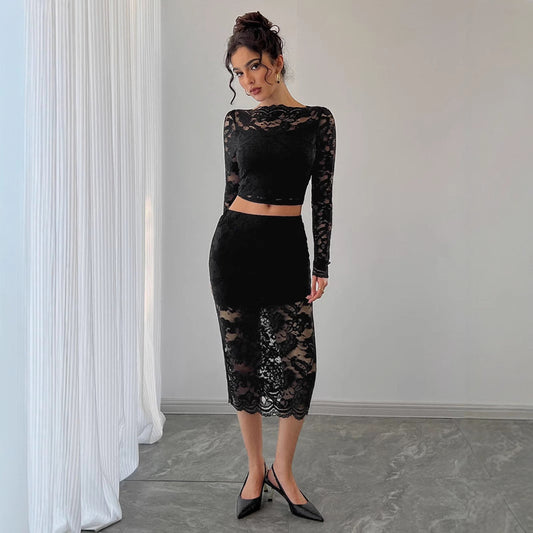 Damen Frühling Spitzen-Jacquard Rockanzug mit halbtransparentem geometrischem Muster