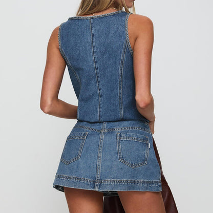 Damen Frühling Jeans-Weste und Shorts Set mit Schnürdetail
