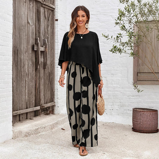 Damen Sommer Hosenanzug mit Halbarm-Top und abstraktem Muster