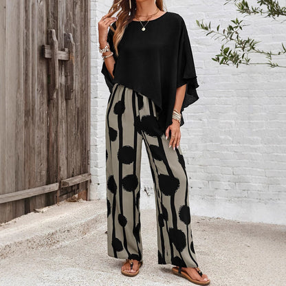 Damen Sommer Hosenanzug mit Halbarm-Top und abstraktem Muster
