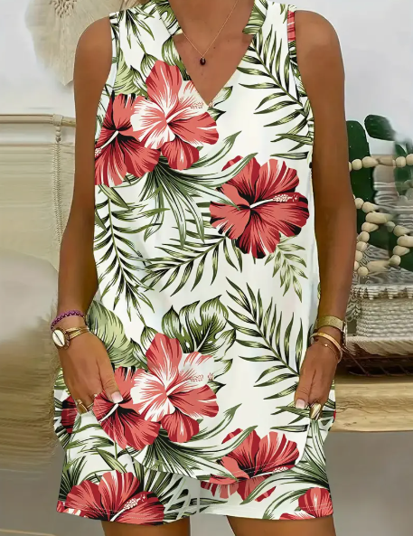 Damen Sommer ärmelloses Zweiteiler-Set mit Allover-Print und Taschen