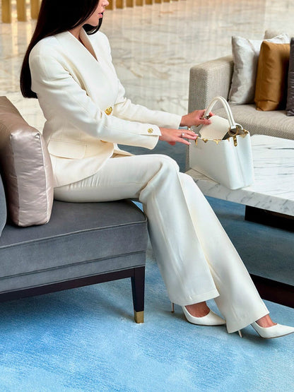 Damen Frühlings-Zweiteiler mit einreihigem Blazer und High-Waist Hose in Unifarbe, Regular Fit