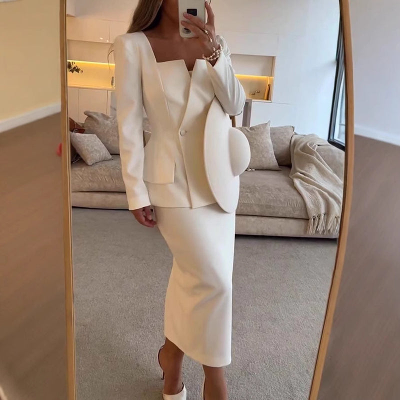Damen Frühlings- und Herbst-Zweiteiler mit Langarm-Top, Knopfdetails, Taschen und Midirock