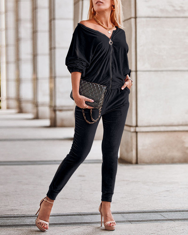 Damen Frühlings- und Herbst-Zweiteiler mit Splicing-Design und Taschen
