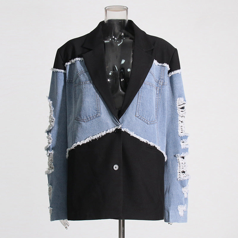 Damen Herbst Jacke Patchwork Kontrastfarbe Schwarz