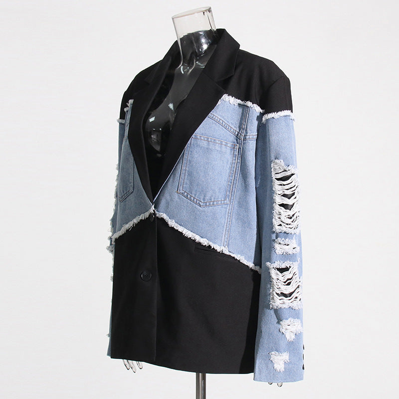 Damen Herbst Jacke Patchwork Kontrastfarbe Schwarz