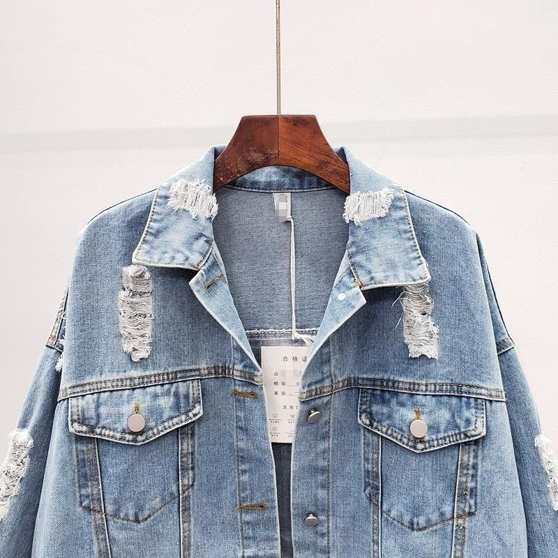 Damen Frühling Jacke Jeans Zerrissenes Design Lockerer Schnitt Blau