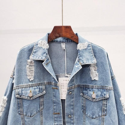 Damen Frühling Jacke Jeans Zerrissenes Design Lockerer Schnitt Blau