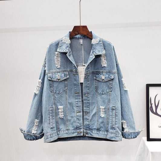 Damen Frühling Jacke Jeans Zerrissenes Design Lockerer Schnitt Blau