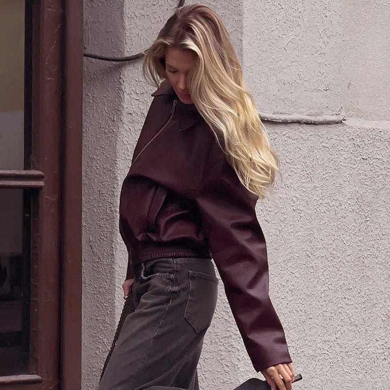 Frauen Herbst Kurze Jacke Schlanke Passform Reißverschluss