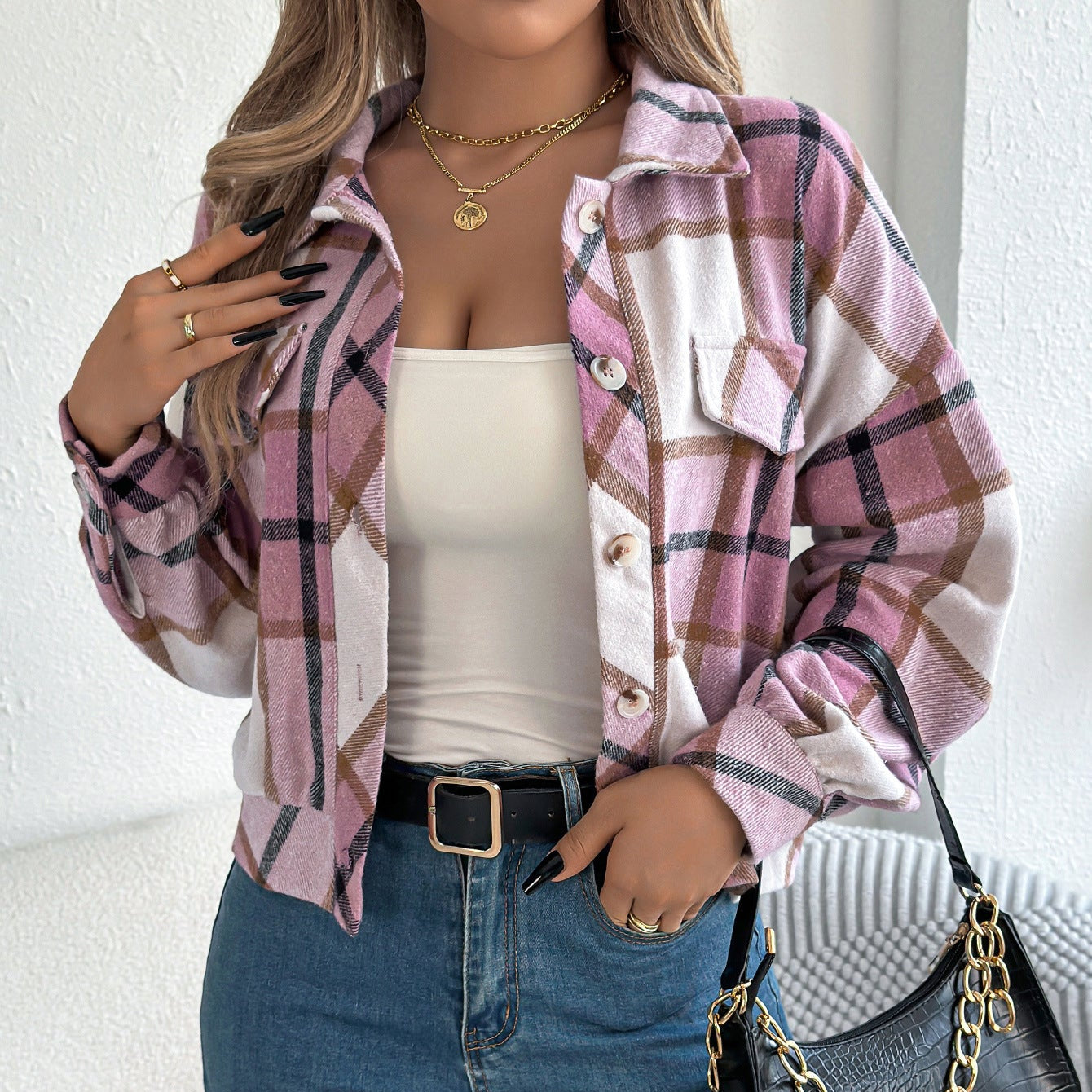 Frauen Herbst Karierte Jacke Lange Ärmel Künstliche Taschen Mehrere Farben
