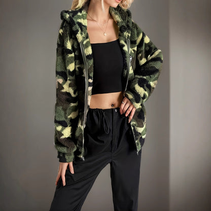 Damen Herbst Tarnmuster-Kapuzenjacke Lange Länge Mittlere Dicke