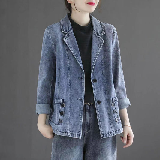 Frauen Herbst Lässiges Denim-Patchwork-Top Langarm mit Taschen Blau