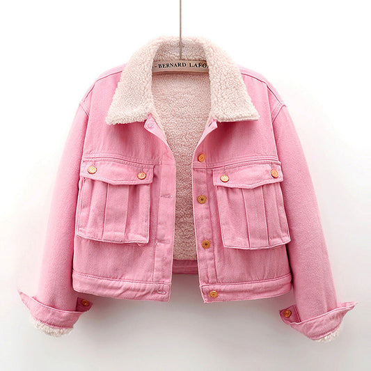 Frauen Herbst Gefütterte Jeansjacke Kurze Länge Rosa