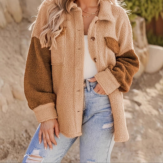 Frauen Herbst Mid-Length Loose Coat mit Kontrastbesatz und Bügelfreiem Finish