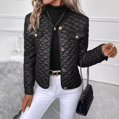 Damen Winter Baumwollgefütterter Mantel Schwarz mit Rautensteppung, Knopfverschluss und mittlerer Länge