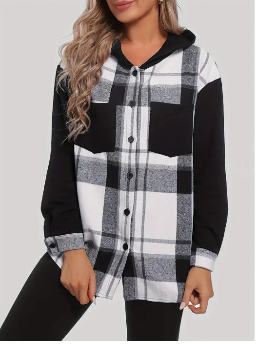 Damen Herbstjacke mit Kapuze, Karomuster, Knopfverschluss und lockerem Schnitt