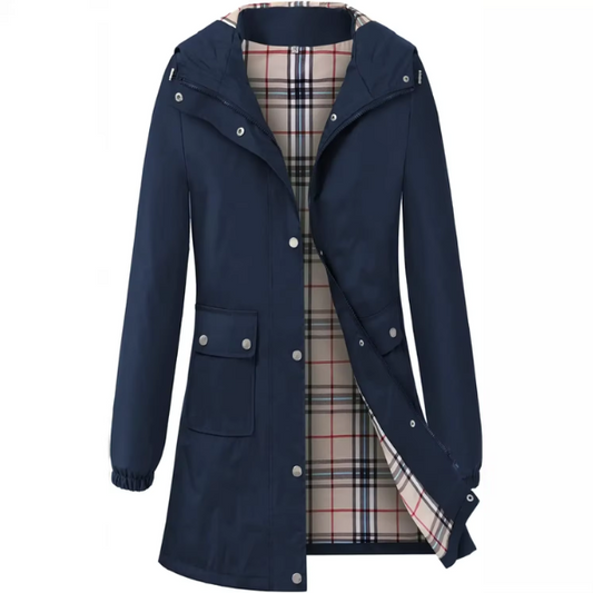Damen Frühling wasserfester Trenchcoat mit Kapuze, Karofutter und strukturiertem Schnitt