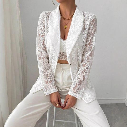 Frauen Frühling Weißer Blazer mit Spitze, floraler Stickerei und langen Ärmeln