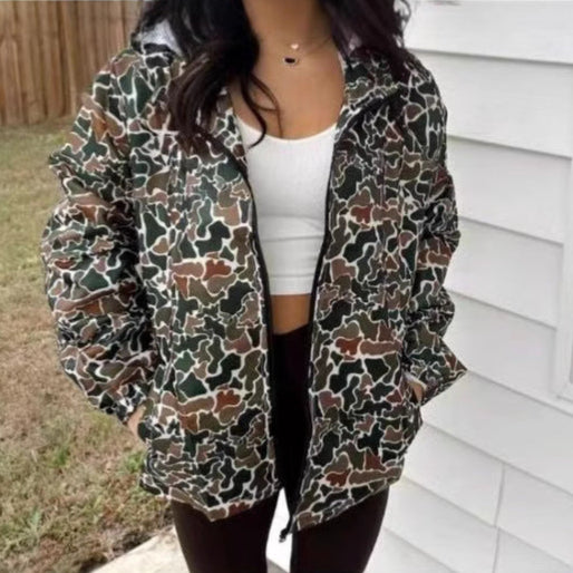 Damen Frühlings-Regenjacke mit Reißverschluss, Camouflage-Print und lockerem Schnitt