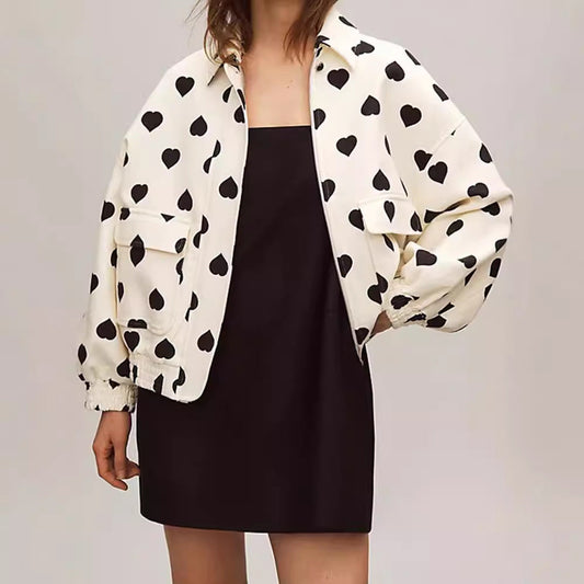 Damen Frühling Jacke mit Herzmuster, Reverskragen, Reißverschluss und Taschen