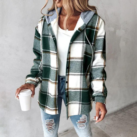 Damen-Herbstjacke mit Kapuze, Kordelzug und Karomuster