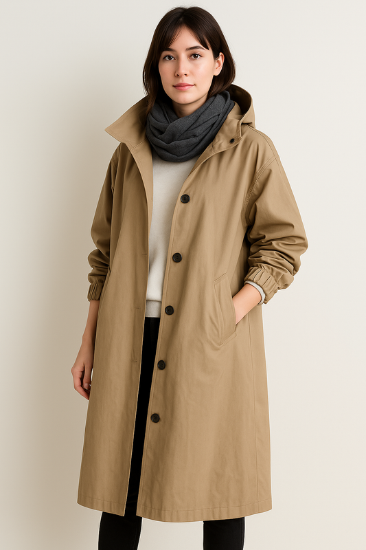 Damen-Langer Trenchcoat mit Kapuze, Knöpfen und Taschen
