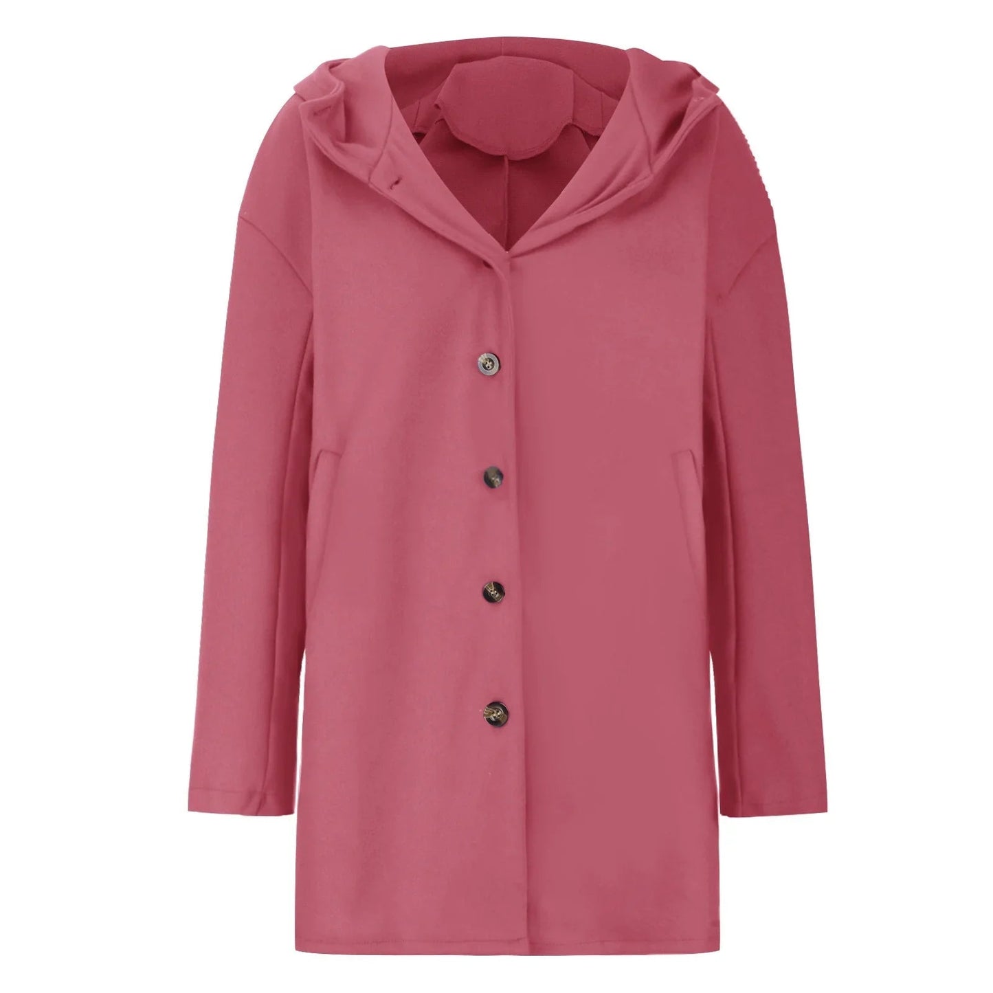 Rosa Damenmantel mit Kapuze und Knöpfen, elegantes Design, Herbstmode, warme Oberbekleidung, stilvoller Look für kühle Tage.