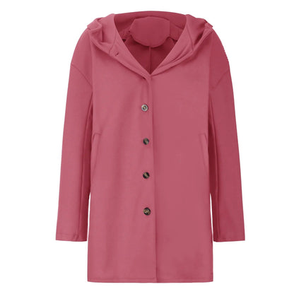 Rosa Damenmantel mit Kapuze und Knöpfen, elegantes Design, Herbstmode, warme Oberbekleidung, stilvoller Look für kühle Tage.