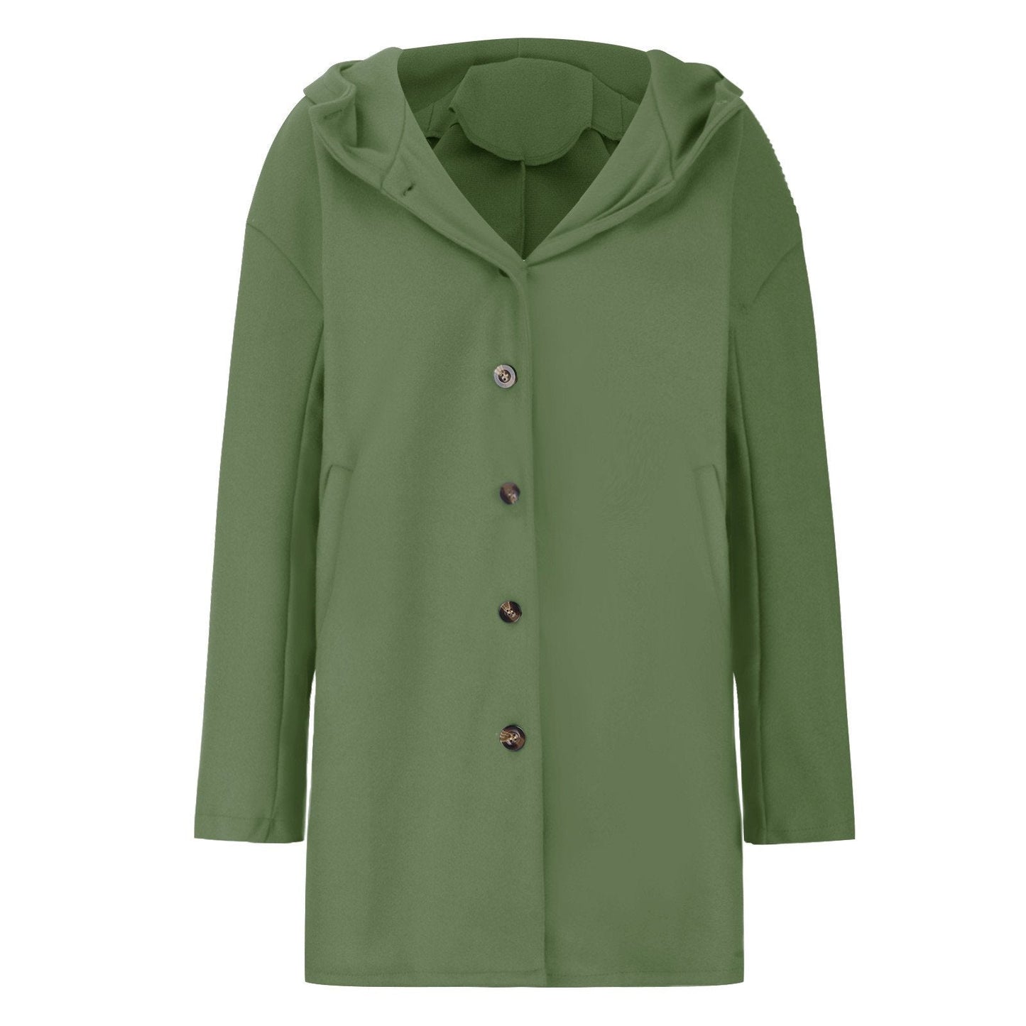 Grüner Damenmantel mit Kapuze und Knopfleiste, elegantes Design, Herbstmode, hochwertige Materialien, stilvolle Oberbekleidung für kühle Tage.